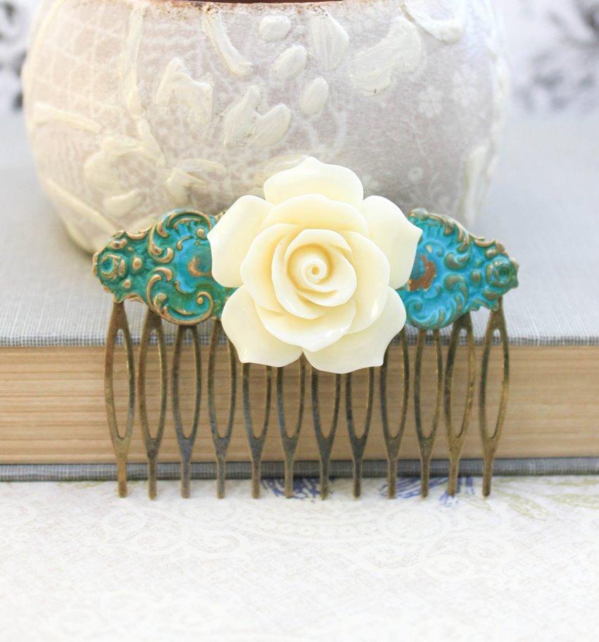 Mariage - Cream Rose Comb, Verdigris Patina Comb, French Romantic Comb, Vintage Style Bridal Comb, Teal Turquoise Wedding, Rustic Floral Hair Piece
