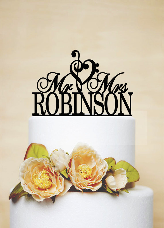 Wedding - Mr And Mrs Wedding Cake Topper With Your Last Name,Music Heart Design Cake Topper,Custom Wedding Topper,Wedding Cake Decoration-C041
