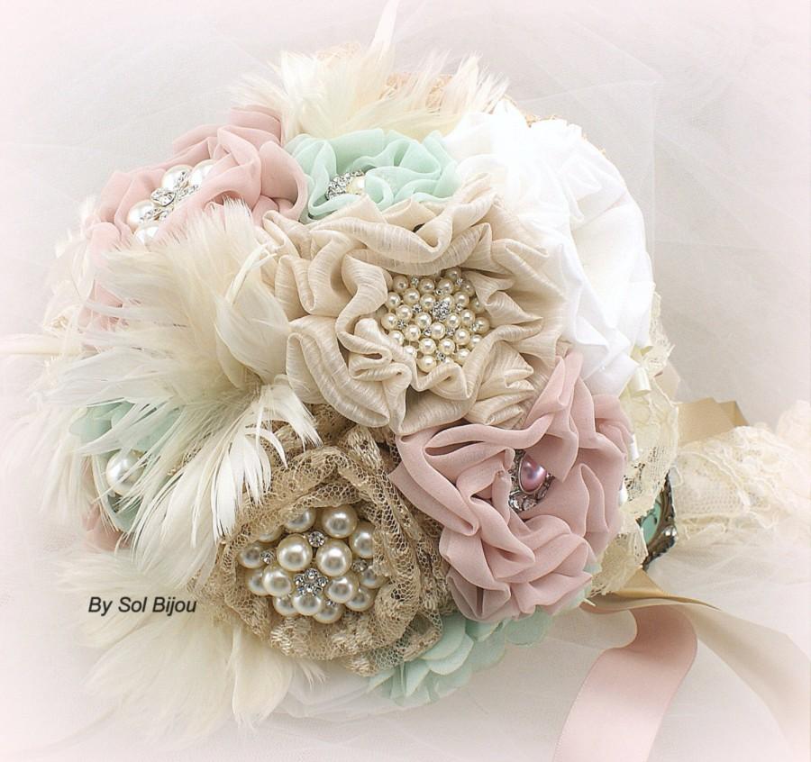 Свадьба - Brooch Bouquet, Ivory, Champagne, Blush, Mint, Elegant Wedding, Jeweled, Locket, Feather Bouquet, Lace, Crystals, Pearls, Vintage Style