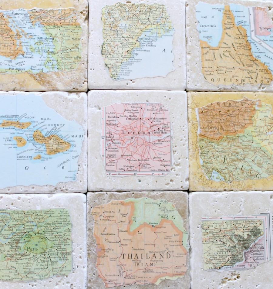 Wedding - Anniversary Gifts for Men.  Personalized Natural Stone Vintage Map Coasters. You Select Four Locations.