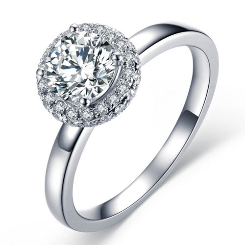 Mariage - Round Shape Halo Diamond Engagement Ring 14k White Gold or Yellow Gold Art Deco Diamond Ring