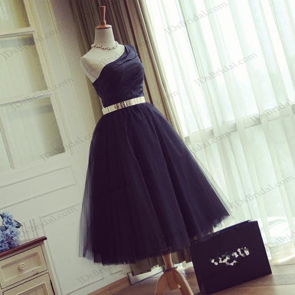 زفاف - PD16045 One shoulder black tea length tulle party prom dress