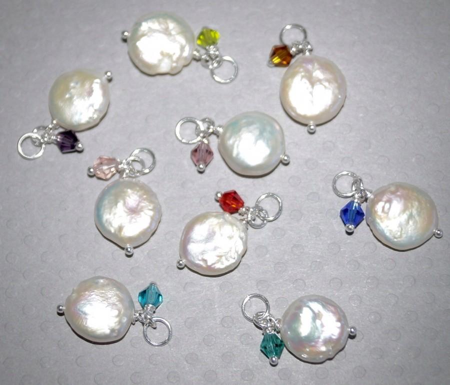 زفاف - Coin Pearl with Your Choice of Colour Crystal - Sterling Silver Charm Dangle - Natural Genuine White Freshwater Pearl Custom Jewelry