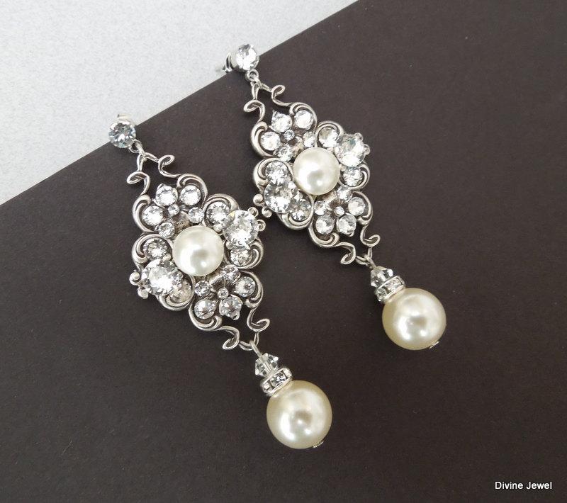 Hochzeit - Pearl Earrings,Bridal Earrings,Ivory or White Pearls,Pearl Rhinestone Earrings,Bridal Pearl Earrings,Bridal Rhinestone Earrings,Pearl,CLAUDE