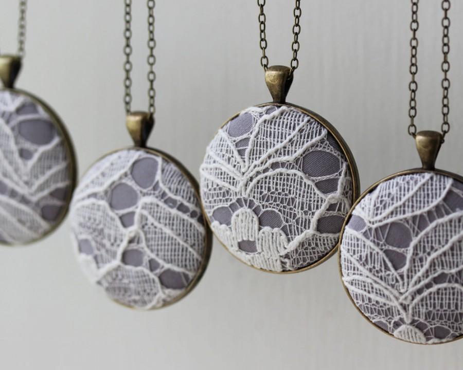 Wedding - Set of 4 Bridesmaid Necklaces, Gray Bridesmaid Gift, Gray Wedding Jewelry Unique Bridal Shower Favors, Lace Wedding Jewelry
