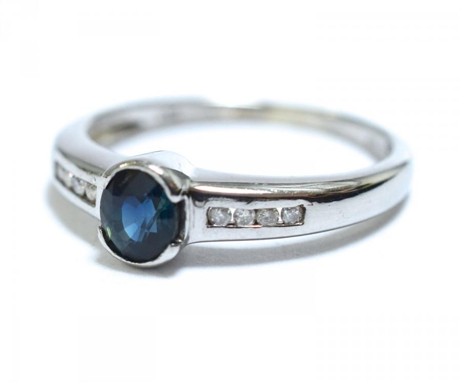 Hochzeit - 60s Modern Sapphire & Diamond White Gold Ring - Size 6.5