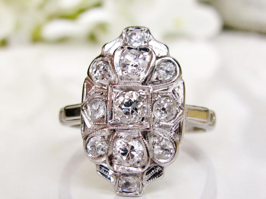 زفاف - Art Deco Engagement Ring 0.71ctw European Cut Diamond Heart Motif Antique Engagement Ring 14K White Gold Navette Wedding Ring!