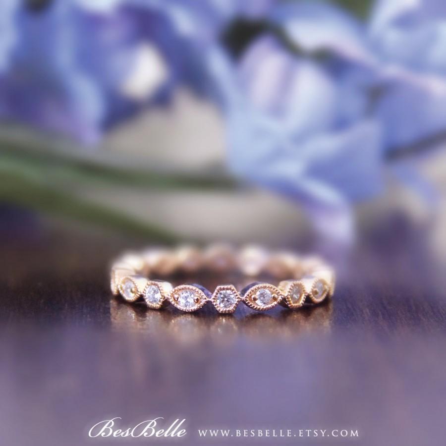Hochzeit - 2.0mm Art Deco Eternity Band Ring-Rose Gold Ring-Brilliant Cut Diamond Simulants-Stackable Ring-Marquise&Hexagon Shaped-Sterling Silver