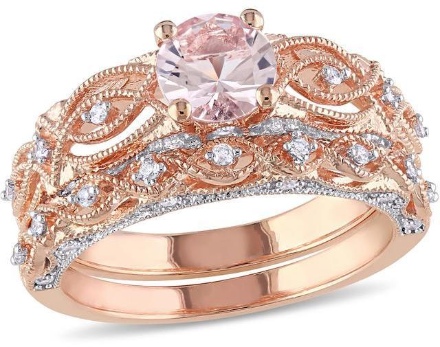 Hochzeit - Sofia B 1 CT TW Pink Morganite and Diamond 10K Filigree Rose Gold Vintage Bridal Set