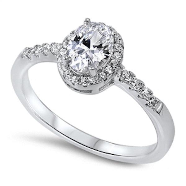 زفاف - Classic 1.30 Carat Oval Cut Round Russian Diamond CZ Solid 925 Sterling Silver Halo Dazzling Diamond Accent Wedding Engagement Promise Ring