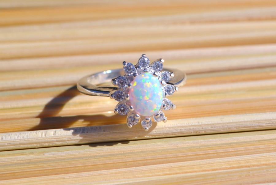 Wedding - White Opal Ring, Silver Lab Opal Ring, Halo Ring, Halo Opal Ring, Opal Accent Stone Ring, Engagement Ring, Promise Ring, Wedding Ring