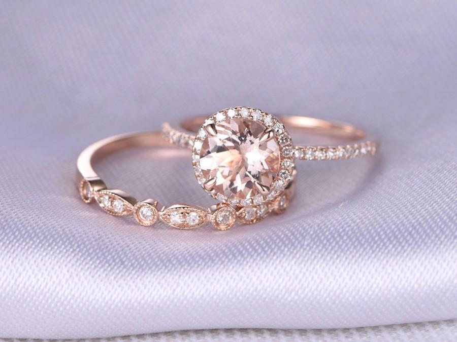 Hochzeit - 2pcs Wedding Ring Set,Morganite Engagement ring,14k Rose gold,Art Deco diamond Matching Band,7mm Round Stone,Personalized for her/him,Custom