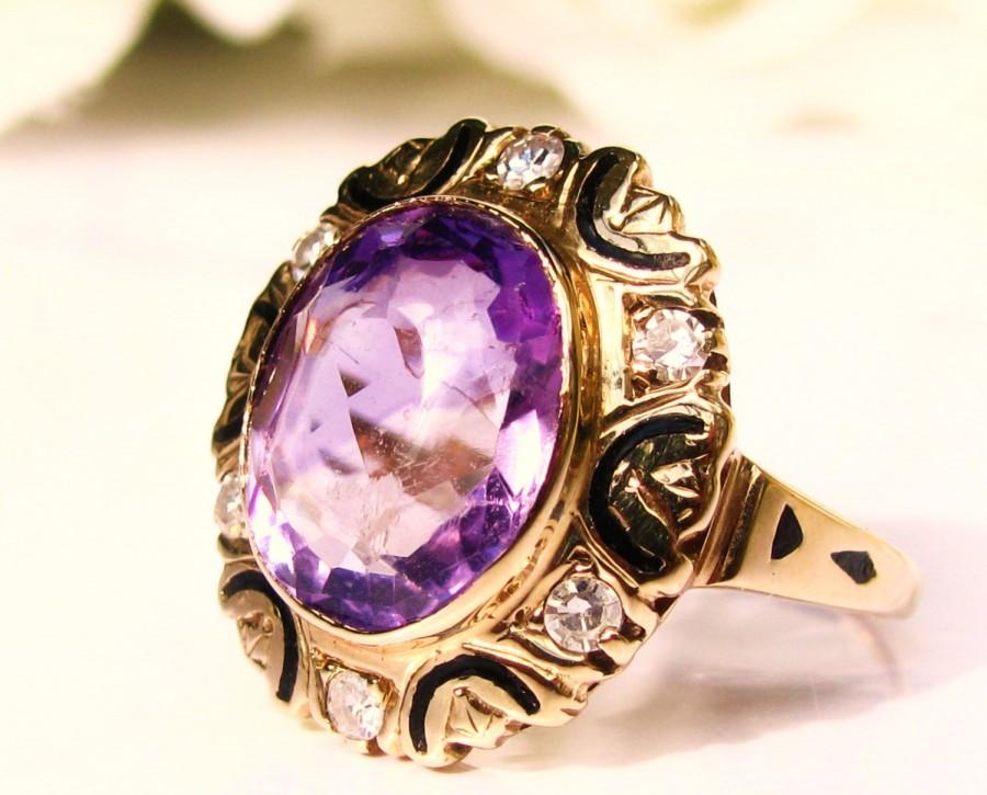 Wedding - Antique Amethyst Engagement Ring 4.57ct Oval Genuine Amethyst Black Enamel Ring 14K Gold Diamond Wedding Ring Alternative Engagement Size 6!