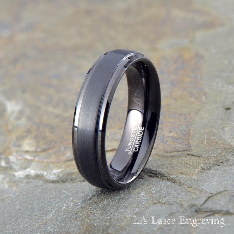 Wedding - Tungsten Wedding Band, Black Tungsten Ring, Brushed, Polished Stepped Edges, His, Hers, Unisex, 6mm tungsten wedding band, Anniversary ring