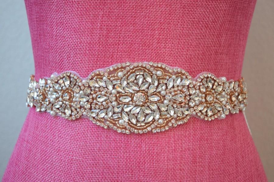 Wedding - Rose Gold Bridal Belt on Ribbon Sash - Rose Gold Bridal Sash -Rhinestone and pearl  Belt -Rose Gold Belt -EYMbellish - champagne bridal belt