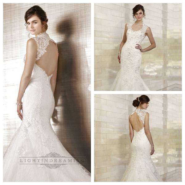Wedding - Fit and Flare Queen Anne Neckline Embroidered Wedding Dresses with Keyhole Back