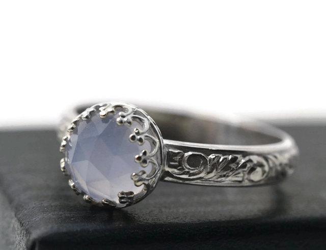Wedding - Natural Chalcedony Ring, Floral Engagement Ring, Periwinkle Blue Violet Jewel Ring, Renaissance Jewelry