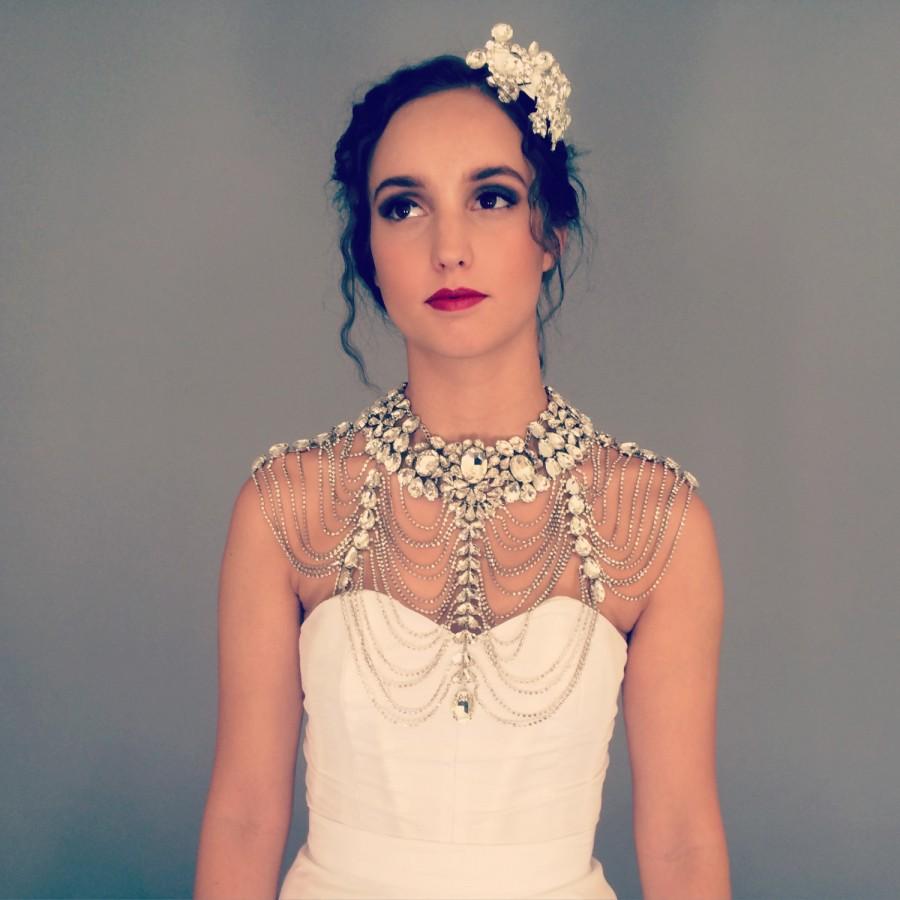Hochzeit - Glam Diamond Rhinestone Cape - Bridal Statement Necklace - Great Gatsby Wedding Necklace  - Custom Wedding Dress