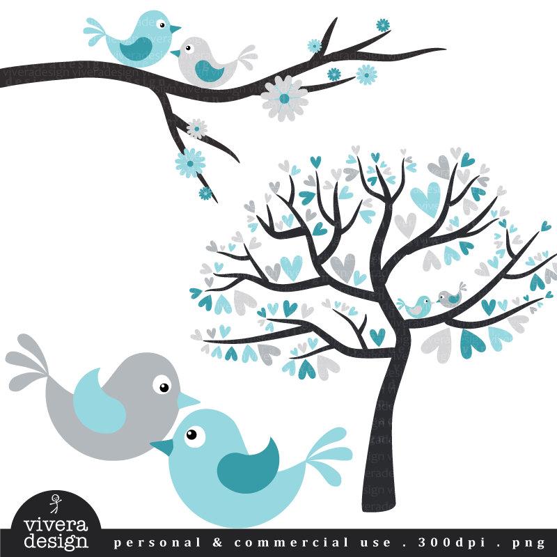 Mariage - Winter Wedding - Love Birds in Silver and Turquoise - Digital Clip Art