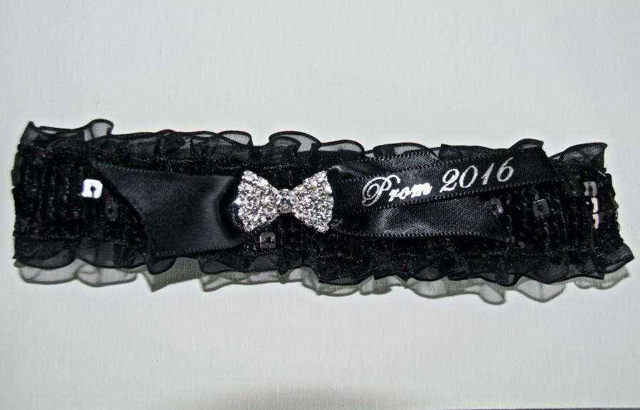 Hochzeit - Black Prom Garter with Rhinestone Bow Tie and Printed Prom Ribbon 2016. Bride Garters, Weddings, Prom, Wedding