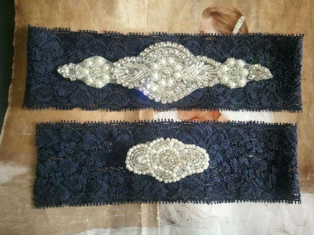زفاف - Wedding Garter Set - Pearl and Rhinestone Garter Set on a Navy Blue Lace Garter Set  - Style G20700