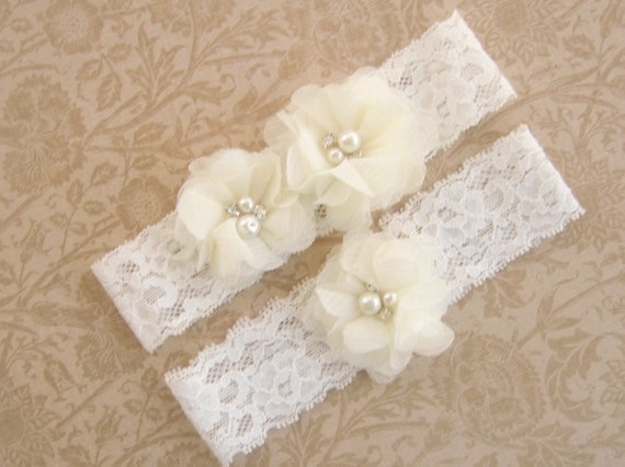 Hochzeit - Wedding Garter, Lace Garter Ivory Garter Set with Toss Garter, Bridal Garter with Chiffon Blossoms pearls and rhinestones