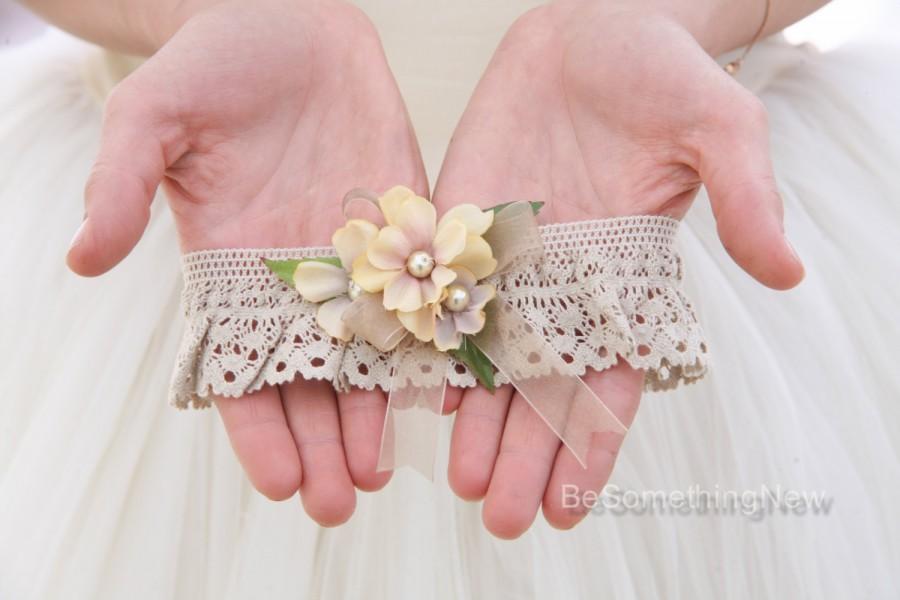 Hochzeit - Dark Ivory Lace Wedding Garter with Flowers Pearls and Ribbon, Rustic Wedding Bridal Garter Lace Bohemian Garter