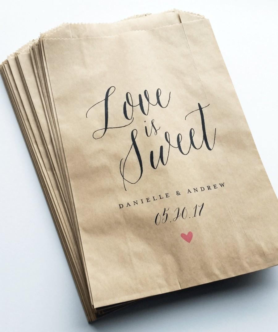 Hochzeit - Love is Sweet Wedding Candy Buffet Brown Kraft Favor Bags - Calligraphy Script Font, Pink Heart, Custom Favor Bags, Candy Bar