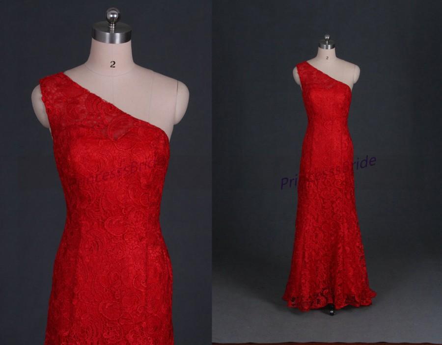 Wedding - Long red lace bridesmaid dresses affordable, floor length women dress for evening party, chic one shoulder prom gowns hot.
