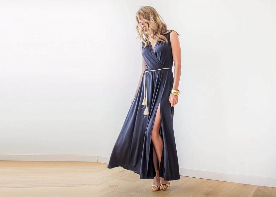 Mariage - Blue wrap maxi gown, Dress with wide skirt , Sleeveless blue dress