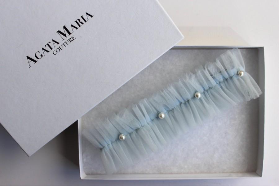 Mariage - Something Blue, Tulle and Pearl Wedding Garter, Wedding Garter Gift Set, Luxurious Bridal Gift, Pastel Blue Bridal Garter