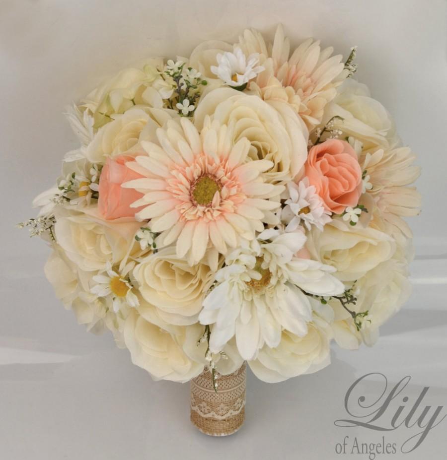 Mariage - 17 Piece Package Silk Flowers Wedding Bouquet Artificial Bridal Bouquets PEACH CHAMPAGNE CREAM Ivory Burlap Rustic "Lily of Angeles" IVPE02