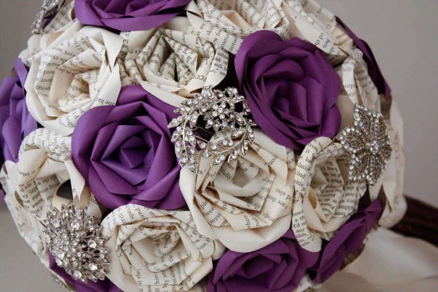 Mariage - Purple Paige Book Page Paper Rose Brooch Bouquet