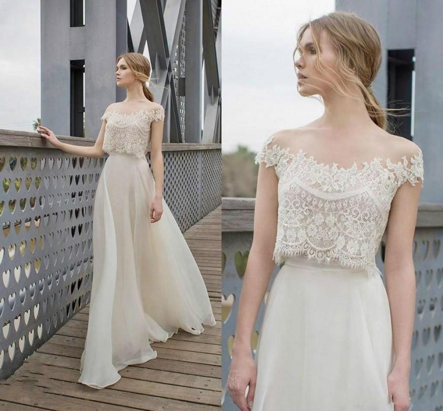 Wedding - Romantic Two Piece Boho Wedding Dresses Lace Appliques 2016 Bodice Illusion Chiffon A Line Bohemian Bridal Ball Dresses 2016 Spring Online with $98.2/Piece on Hjklp88's Store 