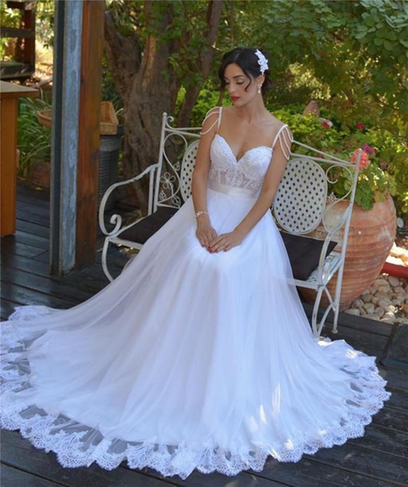 Wedding - Real Image 2016 Wedding Dresses Lace Tulle A-Line Spaghetti Straps Pearls Applique Chapel Train Sleeveless Custom Made Bridal Ball Gowns Online with $107.48/Piece on Hjklp88's Store 