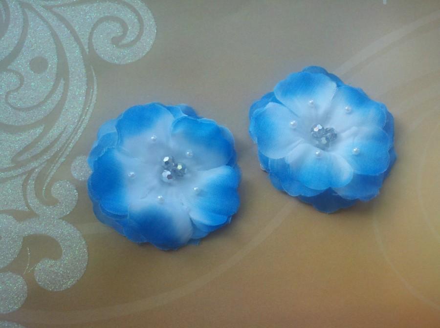 Mariage - Bridal Headpiece 2 Piece Set Hair Clips White Light Blue Flowers Rhinestone Round Pearls Ready to Ship