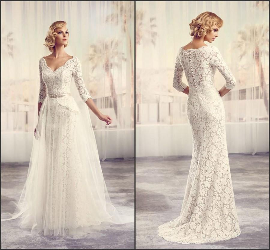 Wedding - Suki Lace Wedding Dresses V Neck 3/4 Long Sleeves Covered Buttons 2016 Modeca Beading Belt with Remove Train Ivory Bridal Gowns Online with $123.72/Piece on Hjklp88's Store 