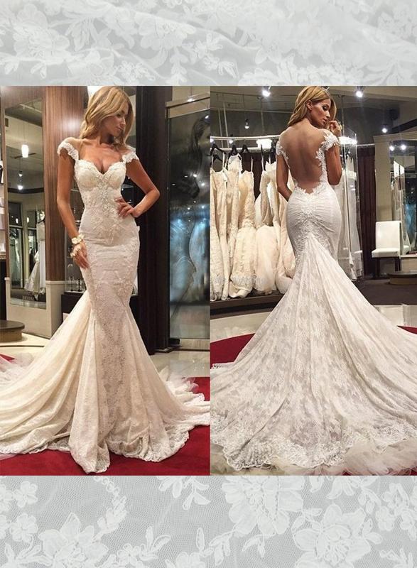Mariage - Sexy illusion sheer back lace mermaid wedding dress for brides