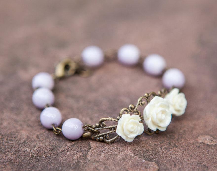 زفاف - Lavender Pearl and Rose Cabochon Bracelet