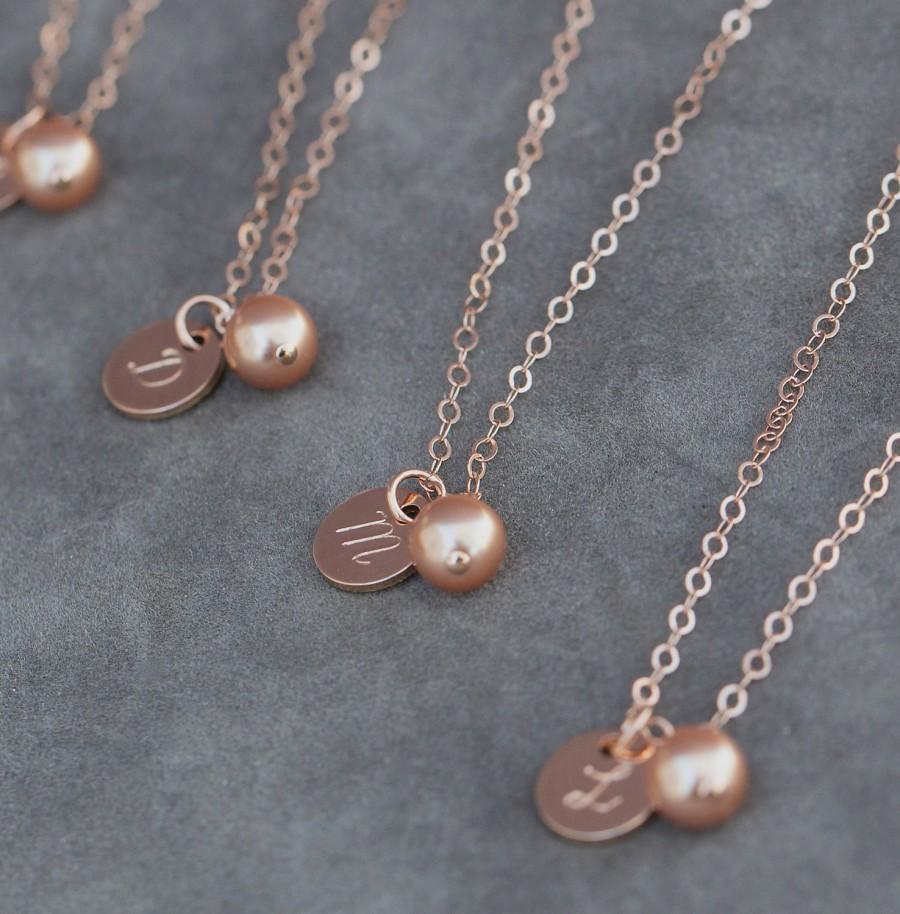 Wedding - Initial Necklace, Rose Gold Bridesmaid Jewelry, Rose Gold Pearl Necklace Set of 6, Personalized Gift for Bridesmaids Necklace