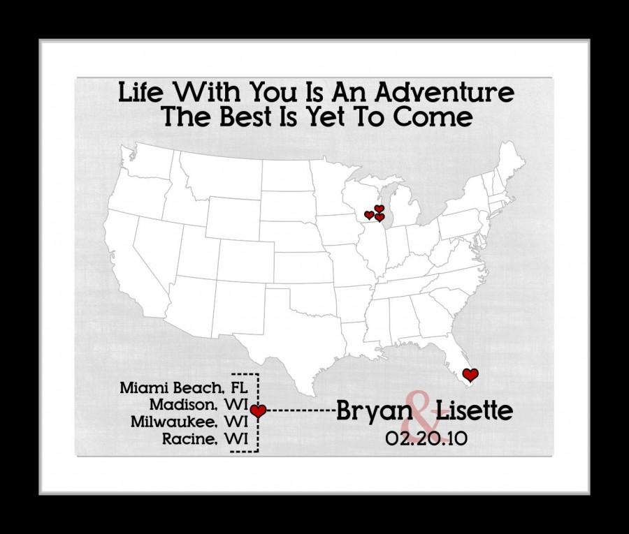 Wedding - Custom Wedding Travel Theme Map Love Story Quote: Unique Wedding Gift Ideas For Husband Him Bride Groom Heart Picture Print 11x14 Poster Art
