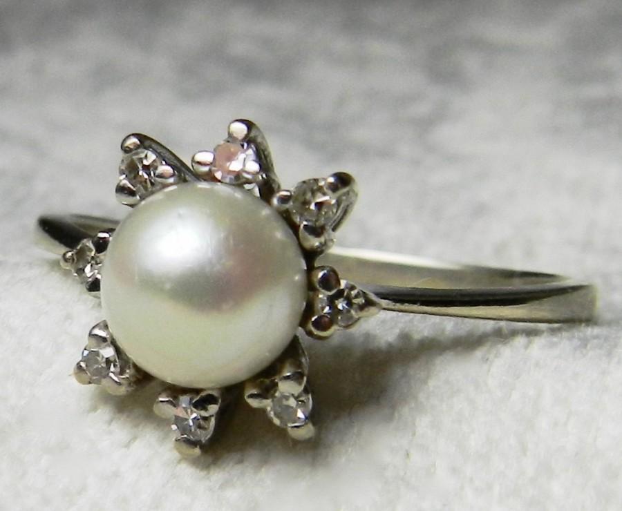 Wedding - Pearl Engagement Ring Diamond Halo Pearl Ring Vintage 14K White Gold 7 mm Cultured Pearl Diamond Halo Ring June Birthday Gift