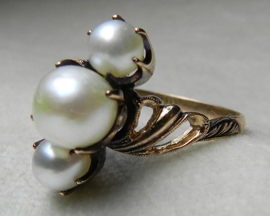 Wedding - Pearl Ring Edwardian Pearl Ring Pearl Engagement Ring 3 Pearl 1920s Ring 14K Gold Ring Three Stone Vintage Pearl Ring June Birthday Gift