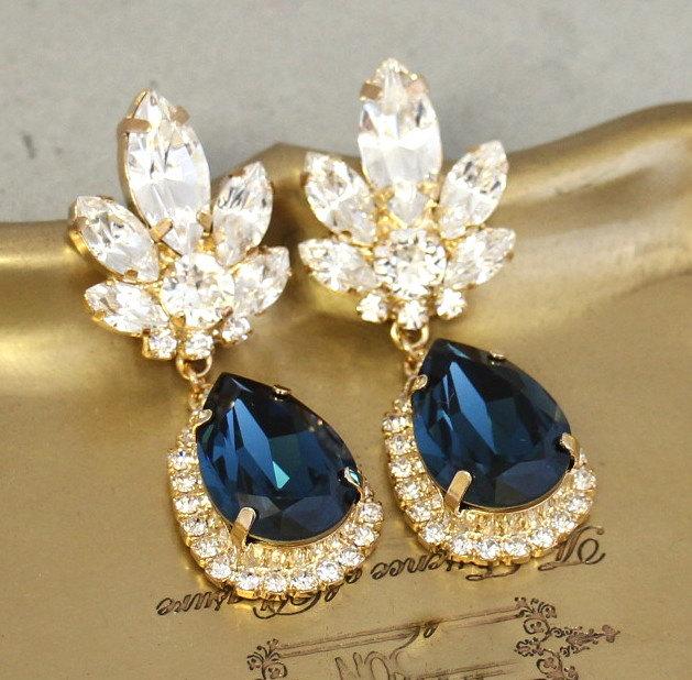 زفاف - Blue Navy Chandelier Earrings,Bridal Navy Blue Earrings,Dangle Earrings,Midnight Blue Earrings,Swarovski Dangle Earrings,Blue Drop Earrings