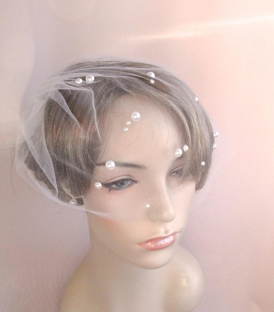 Hochzeit - Bridal blusher veil, polka dot pearl adornment, white or ivory wedding veil, soft tulle Style 623