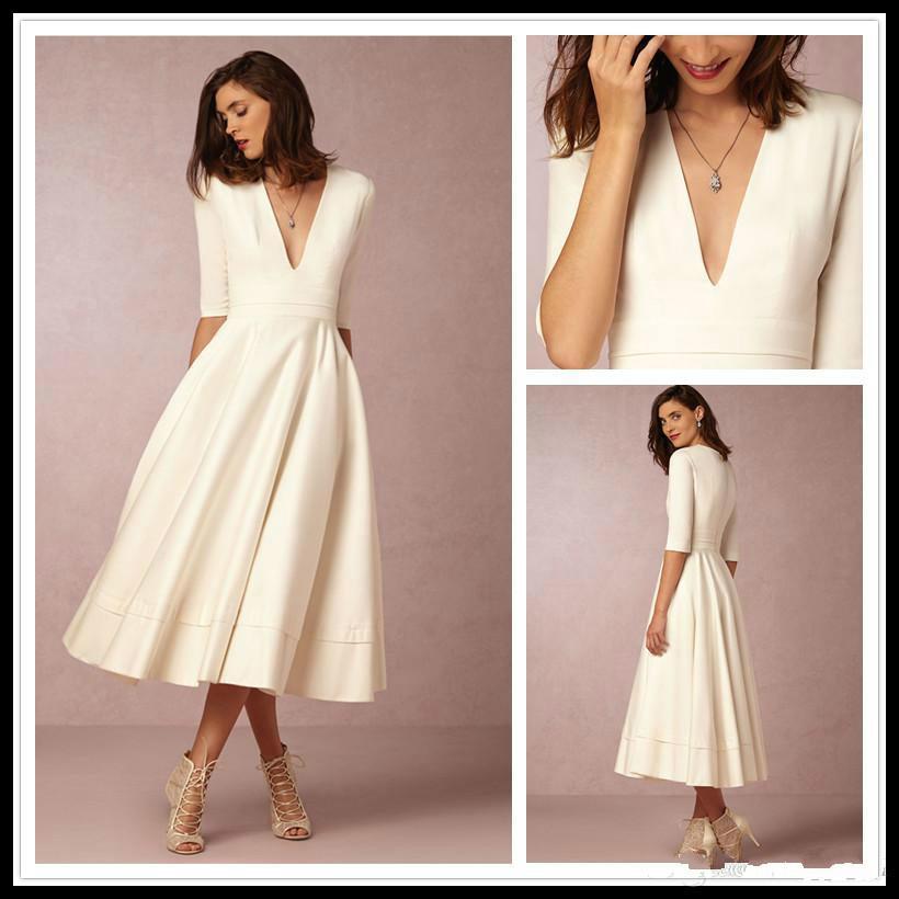 Wedding - 2016 New Arrival Short Prom Dresses Deep V Neck Half Sleeve Graduation Dress Tea Length Spring Best Selling Formal Evening Party Prom Gowns Online with $88.7/Piece on Hjklp88's Store 