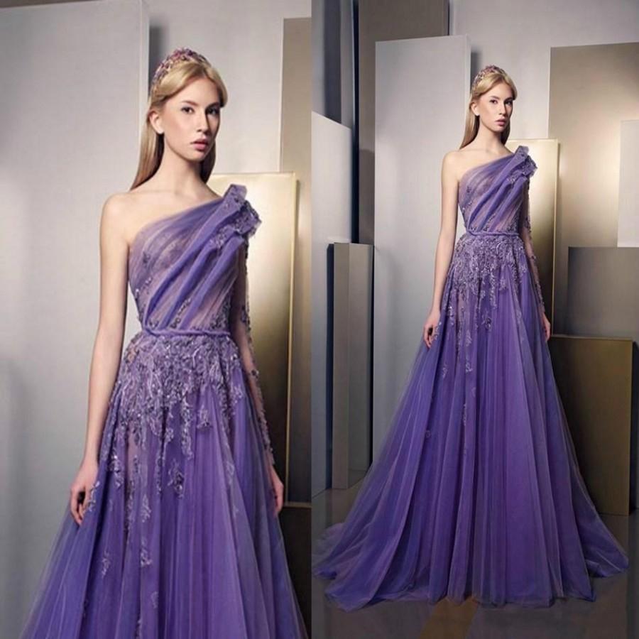 Hochzeit - Sexy Ziad Nakad Evening Dresses One Shouler 2016 Ruched Lace Beads Applique Beads Prom Dress Purple A Line Long Long Formal Party Gowns Online with $116.24/Piece on Hjklp88's Store 