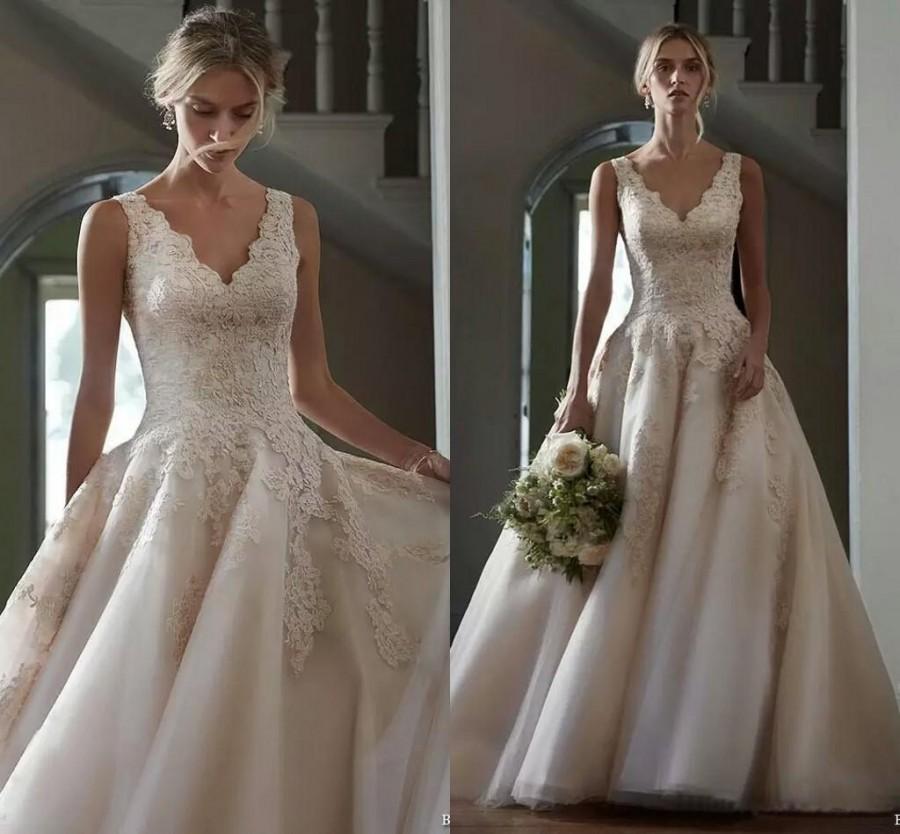 Wedding - Elegant Lace V Neck A Line Wedding Dresses 2016 Spring Summer Formal Sleeveless Appliqued Church Bridal Gowns Layers Full Lined Wedding Gown Online with $123.72/Piece on Hjklp88's Store 