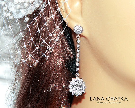 Hochzeit - Cubic Zirconia Earrings Bridal Clear CZ Earrings Wedding CZ Earring Statement Earring Bridal Cubic Zirconia Jewelry Long Dangle Earring