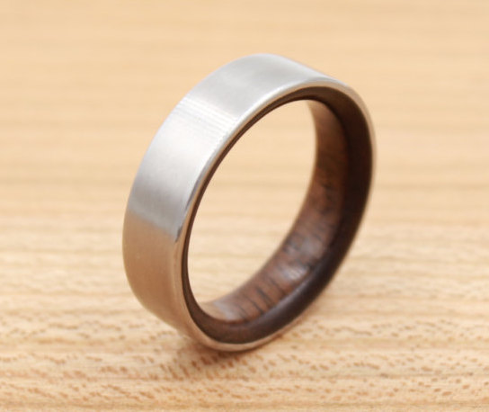 Hochzeit - Titanium Ring Lined with Walnut- Wedding Band - Unique Wedding Ring